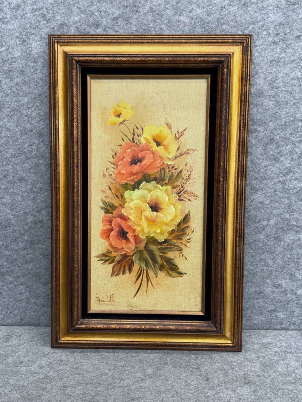 Vintage MCM Framed Floral Still Life Painting Signed Muted Orange Yellow Flowers
